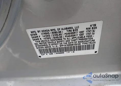 2009 Honda Ridgeline Rt from USA, damaged, VIN 5FPYK16269B103103